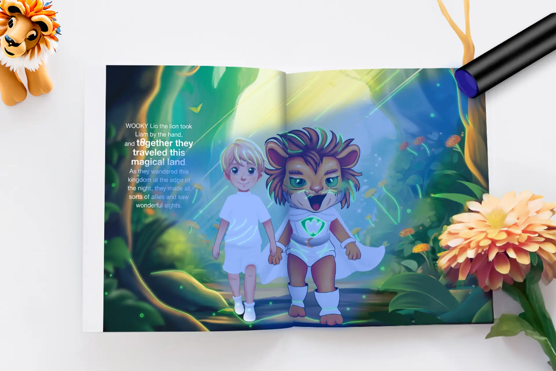 A child reading WOOKY Lio with UV illuminated details