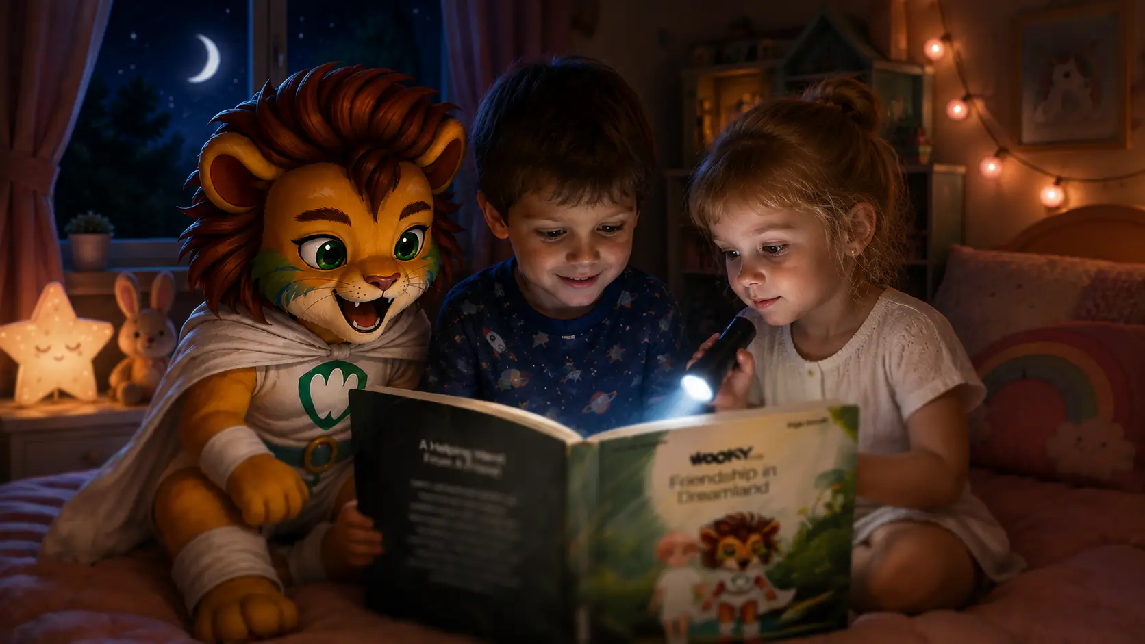 A child reading the glowing WOOKY book in bed