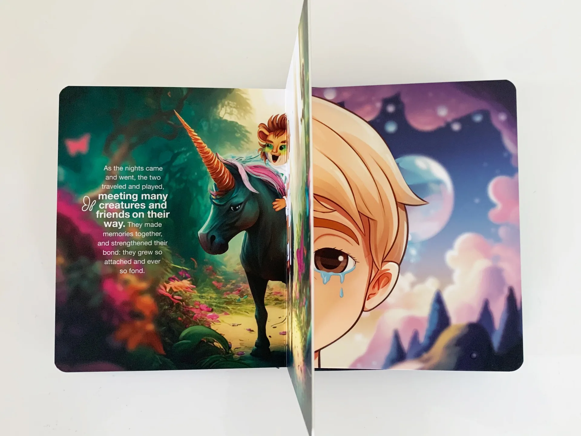 An open WOOKY book with a unicorn scene